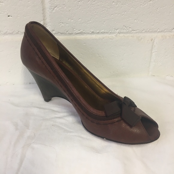 MIU MIU • Leather Peep Toe Wedges - Picture 16 of 16